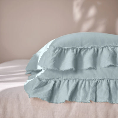 Light Blue Linen Pillowcases with Frayed Ruffles