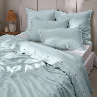 Shell Buttoned Soft Linen Duvet Cover Icy Blue