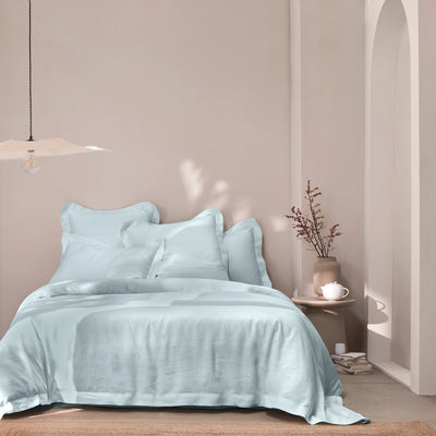 Hemstitch border linen duvet cover icy blue