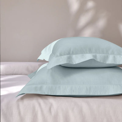 Hemstitch border icy blue linen pillowcase