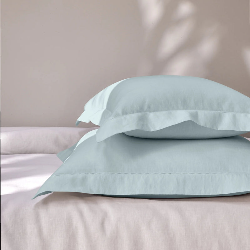 Hemstitch border icy blue linen pillowcase