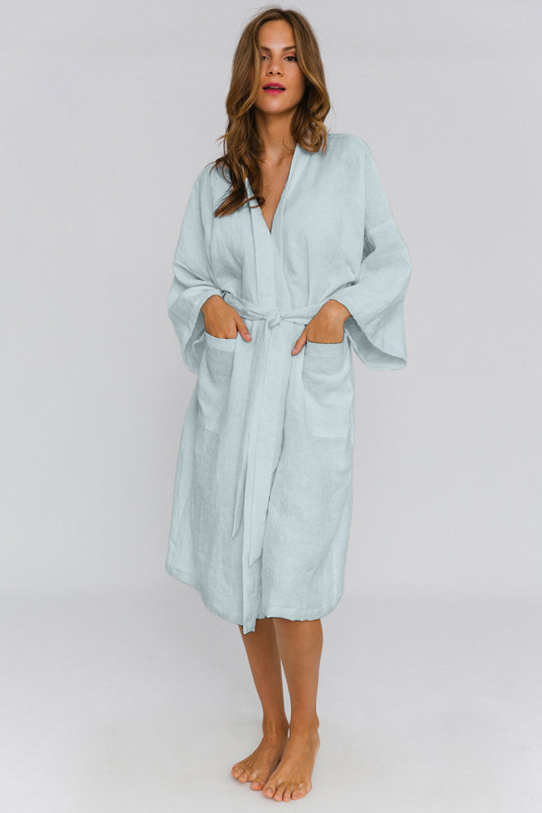 Washed Linen bathrobe Kimono Style “Laís” icy blue