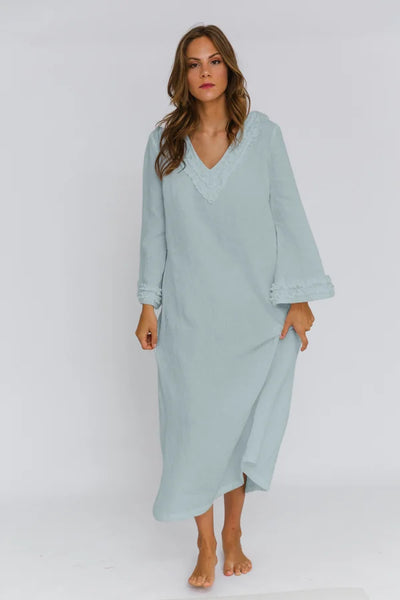 Long Ruffled Linen night dress “Bia” icy blue