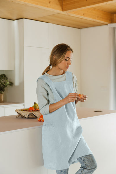 Japanese Style Washed Linen Pinafore Apron icy blue