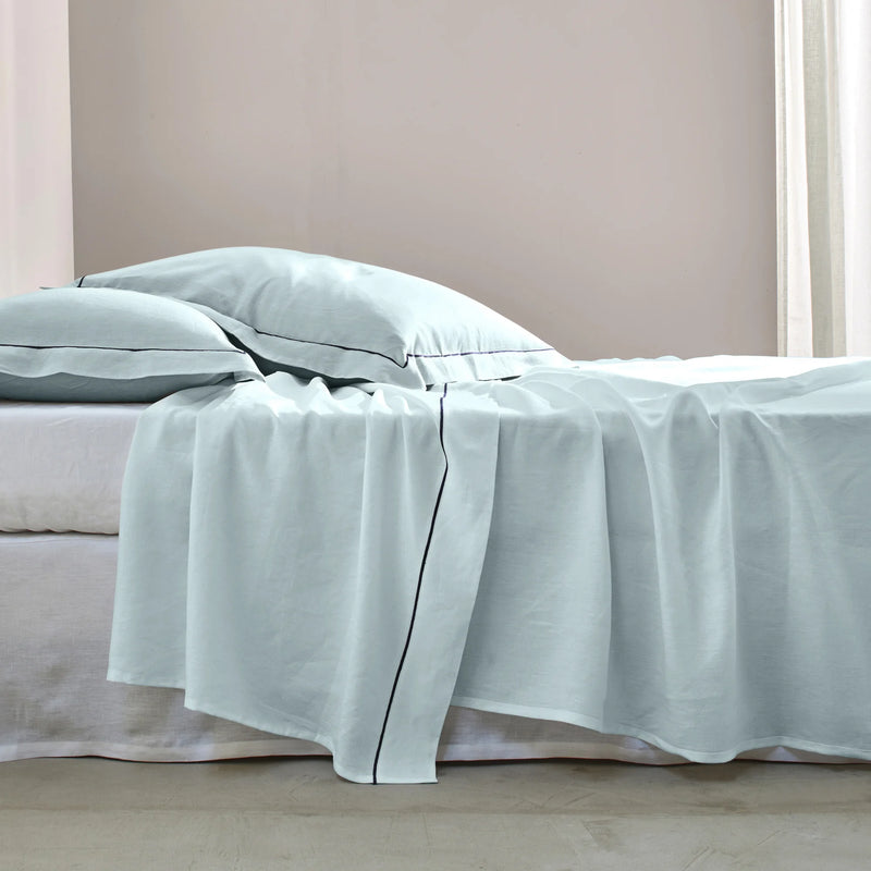 Bourdon border linen flat sheet icy blue