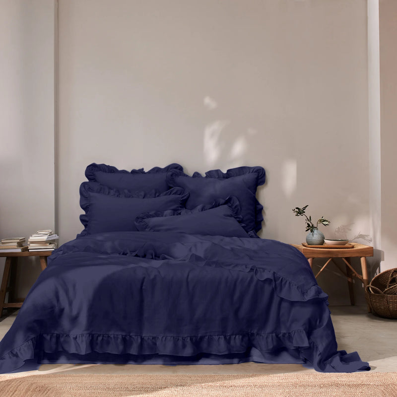 Ruffled Linen Duvet Cover night blue