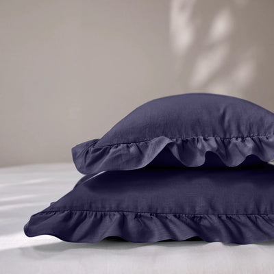 Night Blue Ruffles Linen Pillowcases