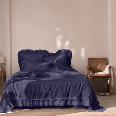 Frayed Ruffles Linen Duvet Cover night blue