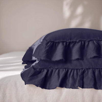 Night Blue Linen Pillowcases with Frayed Ruffles