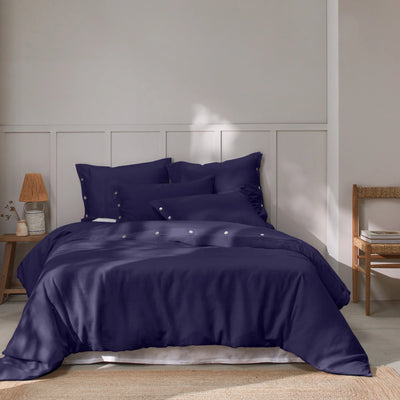 Shell Buttoned Washed Linen Duvet Cover Night Blue