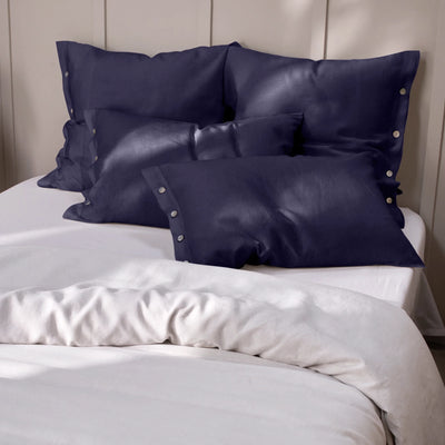 Night blue Linen Pillowcases with Buttons