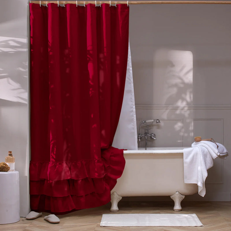 Washed Linen Ruffled Shower Curtain burgundy