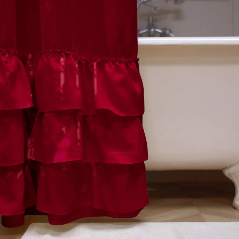 close up ruffles on shower curtain burgundy