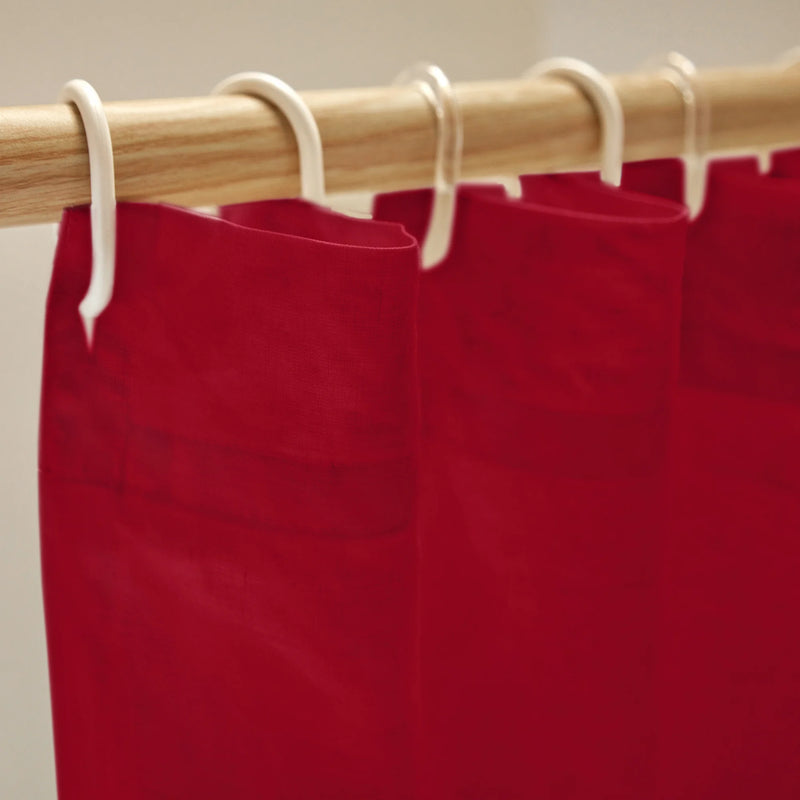closeup size linen shower curtain top burgundy