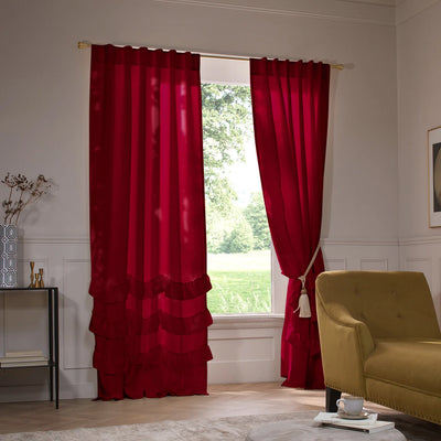Custom ruffles linen curtain burgundy