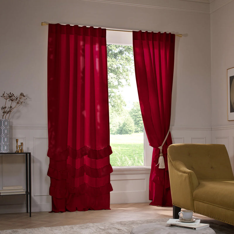 Custom ruffles linen curtain burgundy
