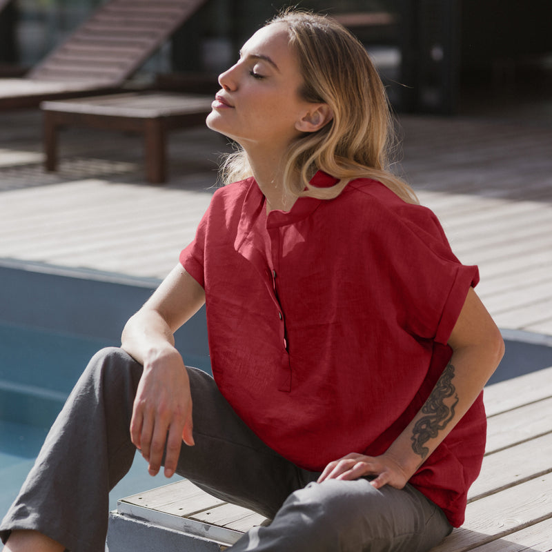 Linen blouse with short sleeves "Flor" burgundy