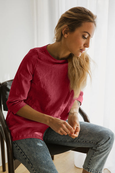 Linen Wrap Blouse Wide Boatneck Top burgundy