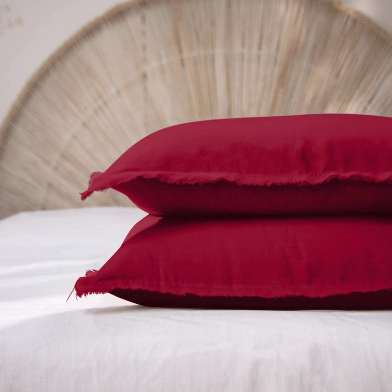 Frayed edge Linen Pillowcases ( set of 2) burgundy