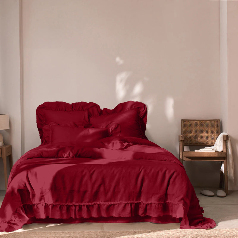 Frayed Ruffles Linen Duvet Cover burgundy