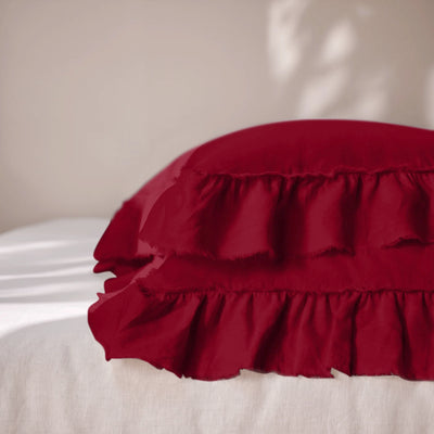 Burgundy Linen Pillowcases with Frayed Ruffles