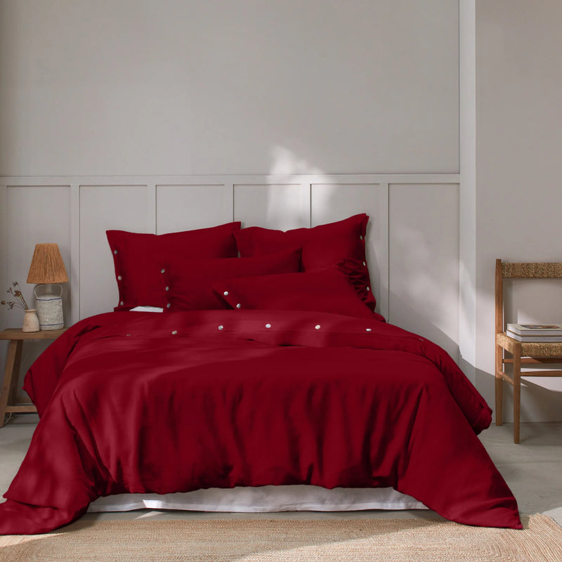 Shell Buttoned Washed Linen Duvet Cover Burgundy