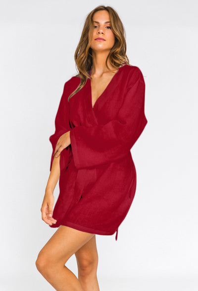 Linen Unisex Short Bathrobe "Alice" burgundy