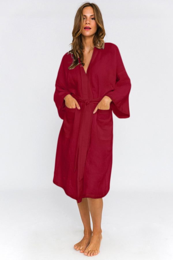 Washed Linen bathrobe Kimono Style “Laís” burgundy