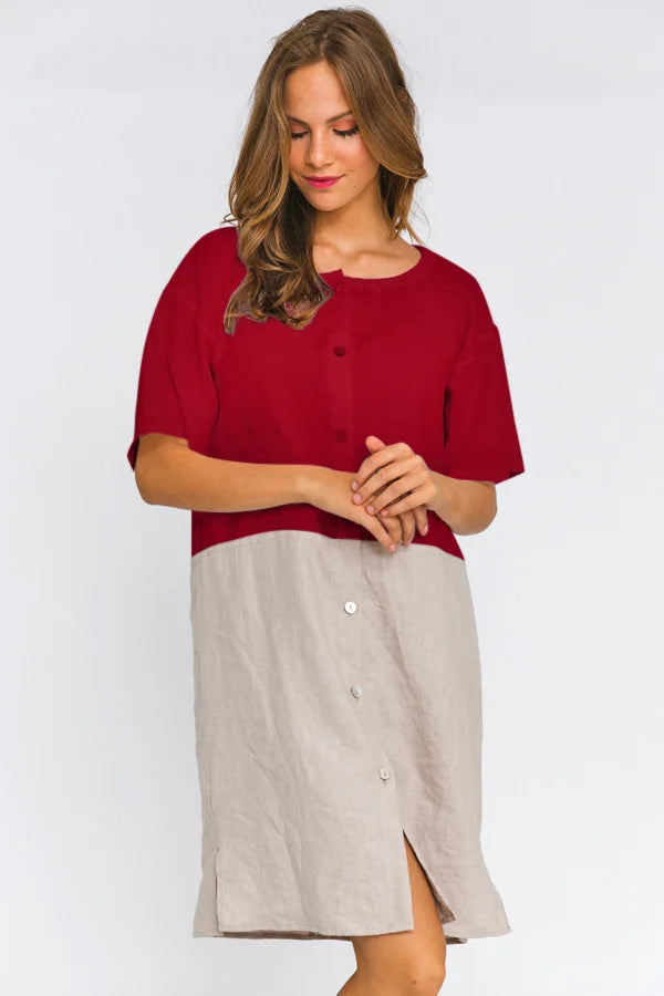 Buttoned Washed Linen Night Dress "Gabi" burgundy