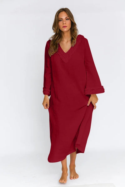 Long Ruffled Linen night dress “Bia” burgundy