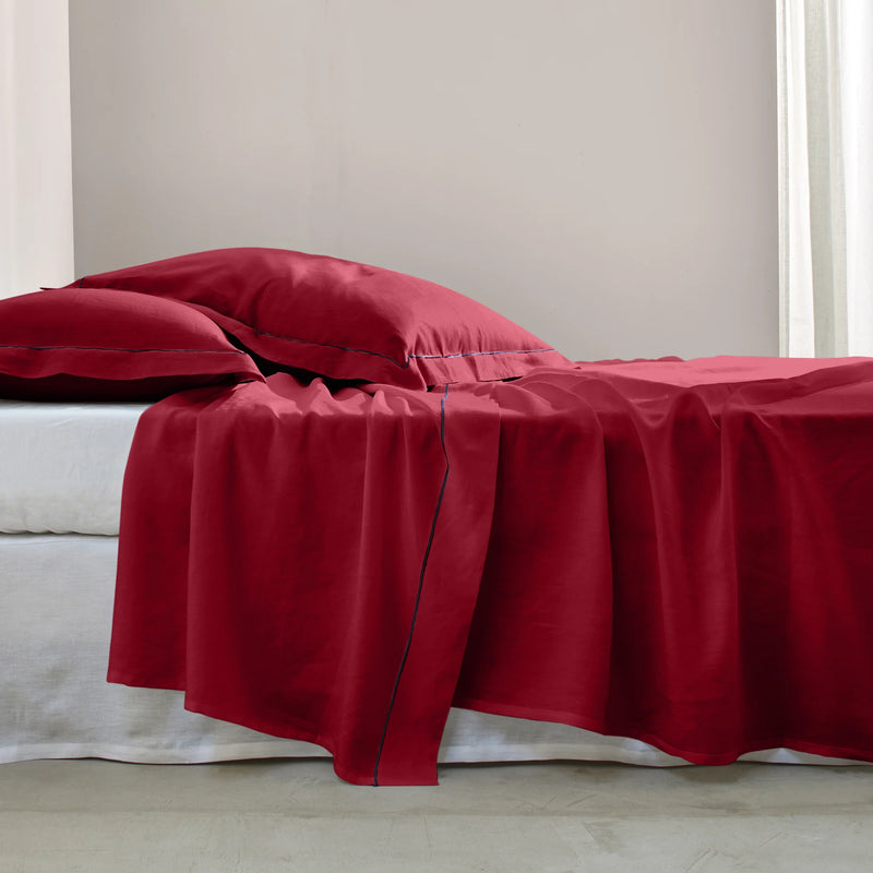 Bourdon border linen flat sheet burgundy