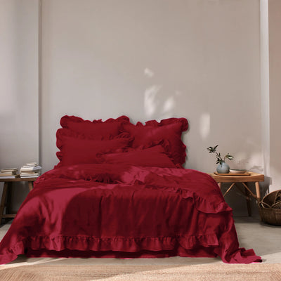 Ruffled Linen Duvet Cover burgundy