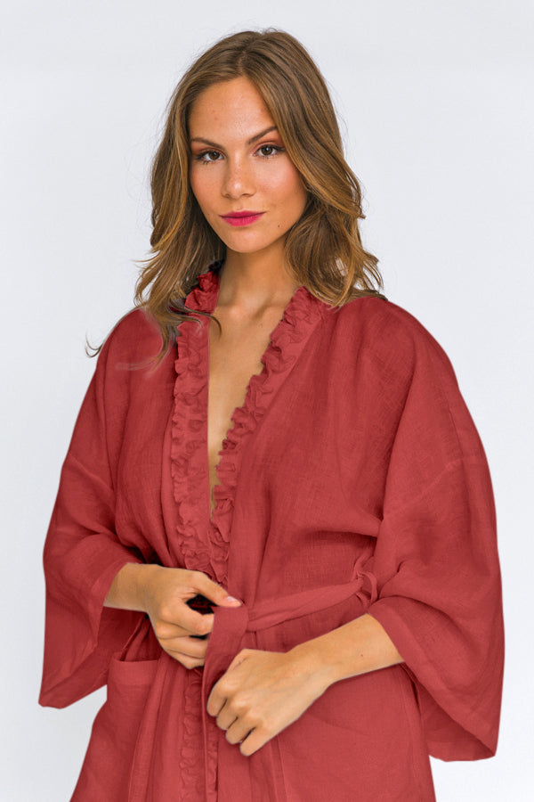 Ruffled Linen Nightgown "Lara" brick red