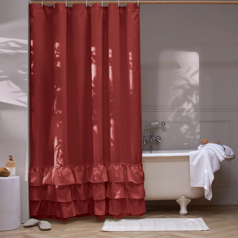 Linen Ruffles Shower Curtain brick red