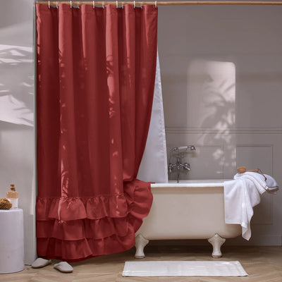 Washed Linen Ruffled Shower Curtain brick red
