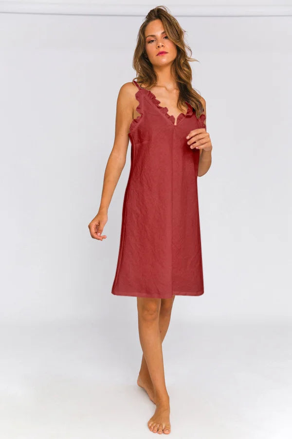 "Carla" linen ruffled nighty brick red