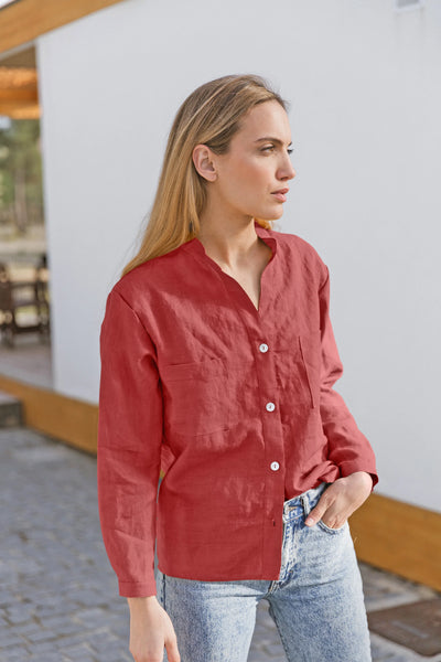 Casual linen blouse with long sleeves "Alana" brick red