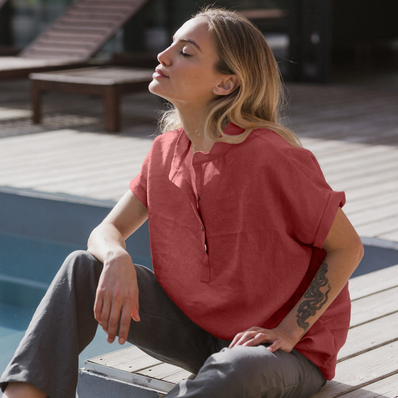 Linen blouse with short sleeves "Flor" brick red