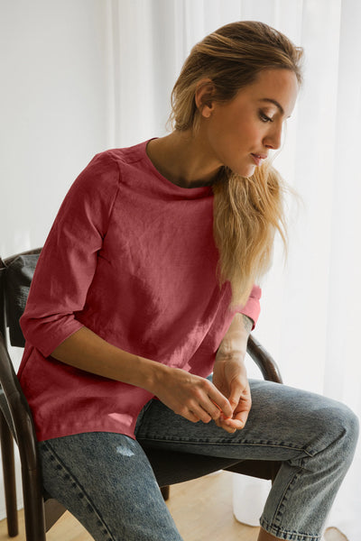 Linen Wrap Blouse Wide Boatneck Top brick red