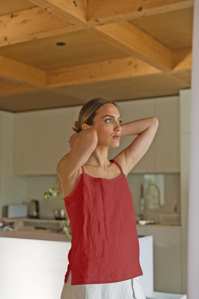 Short linen nightie with spaghetti straps “Maida” brick red