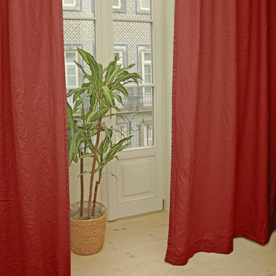 Custom made lined linen curtain brick red