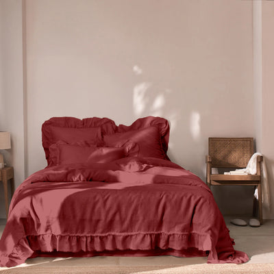 Frayed Ruffles Linen Duvet Cover brick