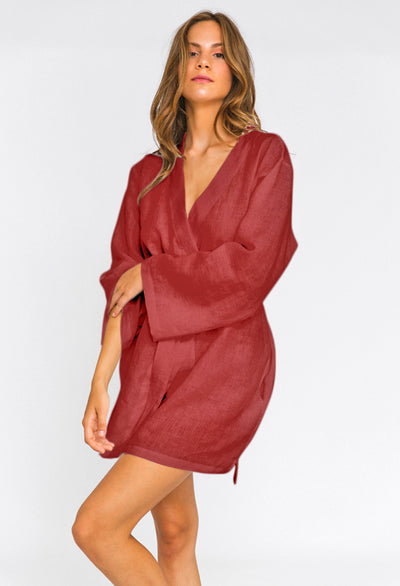 Linen Unisex Short Bathrobe "Alice" brick red