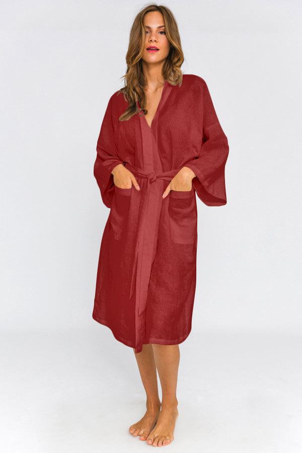 Washed Linen bathrobe Kimono Style “Laís” brick red