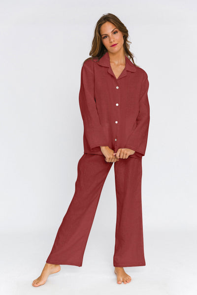 Soft Washed Linen Pyjamas Set brick red