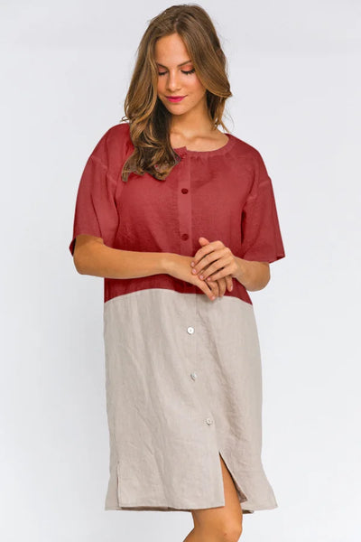 Buttoned Washed Linen Night Dress "Gabi" brick red