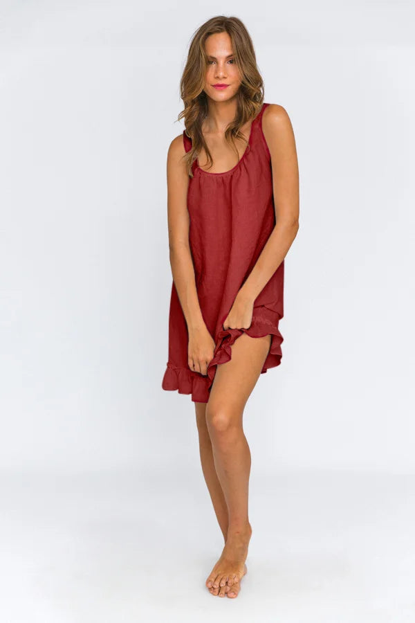 Washed linen sleeping dress “Ester” brick red