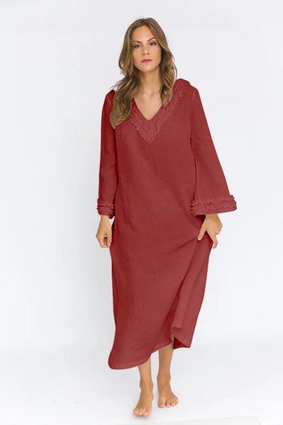 Long Ruffled Linen night dress “Bia” brick red