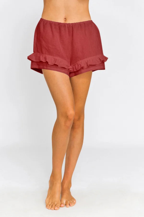 Ruffled Washed Linen Shorts “Mara” brick red