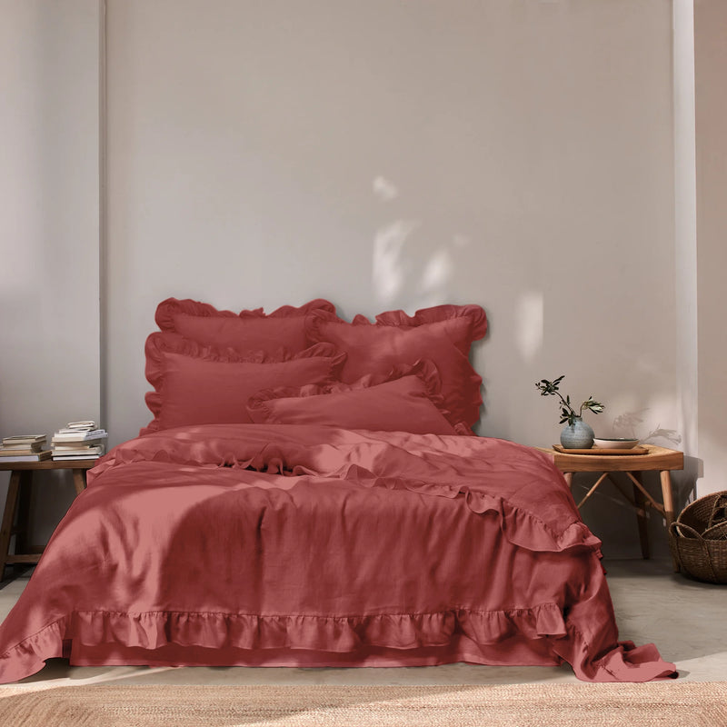 Ruffled Linen Duvet Cover brick red